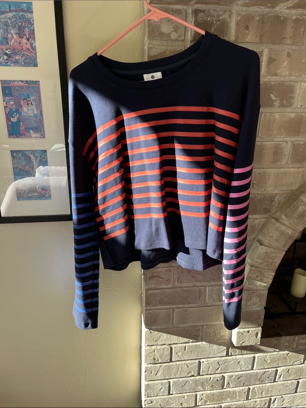 Sundry Navy Crewneck Sweater with Red, Pink and Blue Stripes